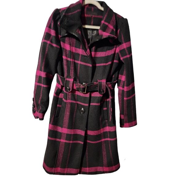 Steve Madden Button w/Belt  Wool Blend Coat Pink Black Plaid large - Picture 1 of 9